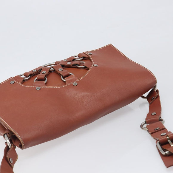 CELINE Shoulder Bag Leather Brown Silver Auth 196983