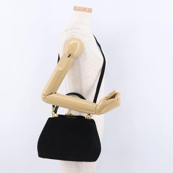 Salvatore Ferragamo Gancini Shoulder Bag Suede 2way Black Gold Auth 196987