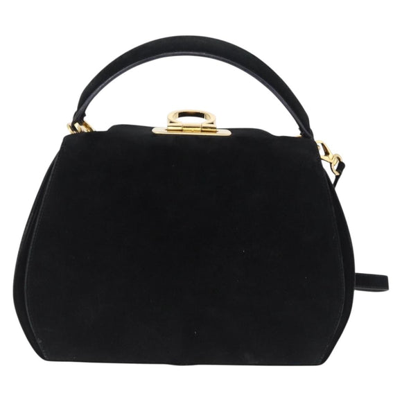 Salvatore Ferragamo Gancini Shoulder Bag Suede 2way Black Gold Auth 196987