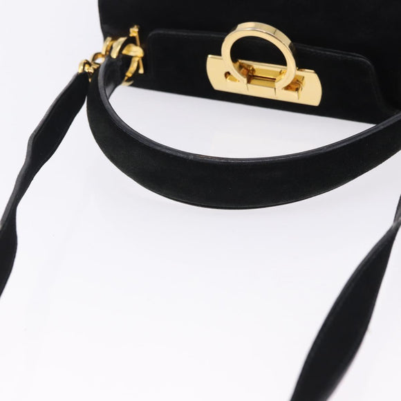 Salvatore Ferragamo Gancini Shoulder Bag Suede 2way Black Gold Auth 196987