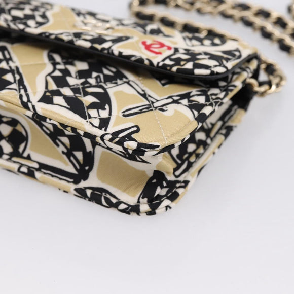 CHANEL Checker Flag Chain Shoulder Bag Canvas Beige Gold CC Auth 197010SAM