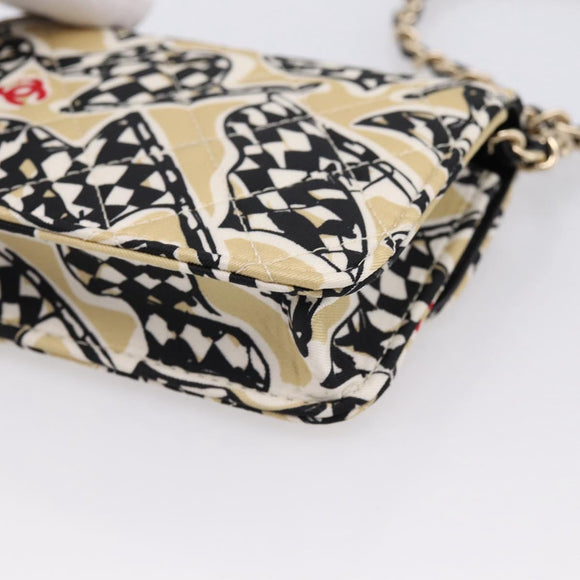 CHANEL Checker Flag Chain Shoulder Bag Canvas Beige Gold CC Auth 197010SAM