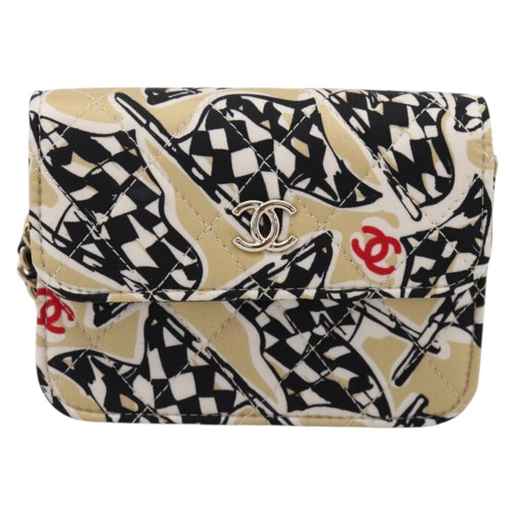 CHANEL Checker Flag Chain Shoulder Bag Canvas Beige Gold CC Auth 197010SAM