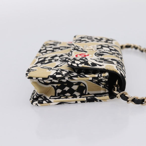 CHANEL Checker Flag Chain Shoulder Bag Canvas Beige Gold CC Auth 197010SAM