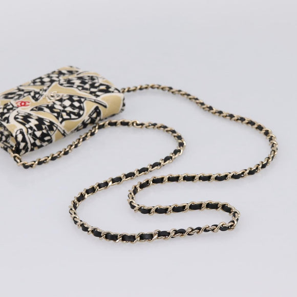 CHANEL Checker Flag Chain Shoulder Bag Canvas Beige Gold CC Auth 197010SAM