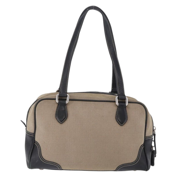 PRADA Tote Bag Canvas Beige Silver Auth 197022A
