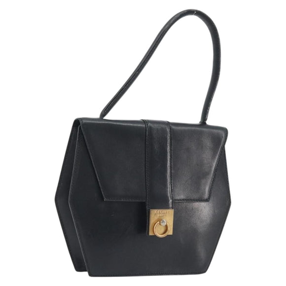 CELINE Hand Bag Leather Black Gold Auth 197040