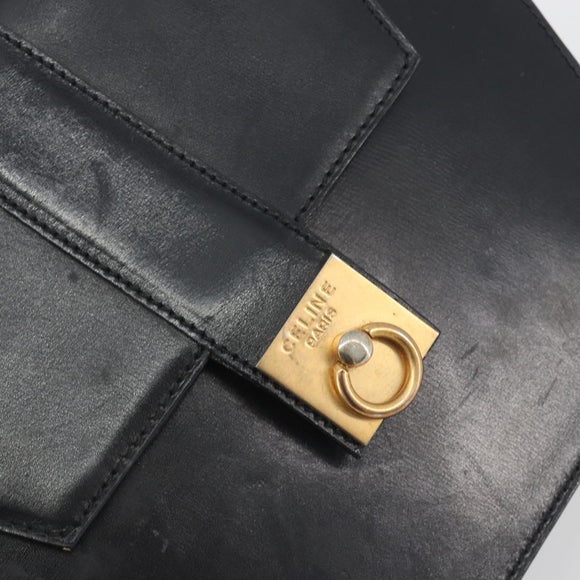 CELINE Hand Bag Leather Black Gold Auth 197040