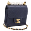 CHANEL Mini Matelasse Chain Pearl Bag Goatskin Navy Gold CC Auth 197060SAM-1