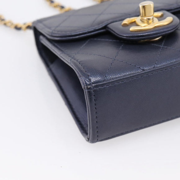 CHANEL Mini Matelasse Chain Pearl Bag Goatskin Navy Gold CC Auth 197060SAM