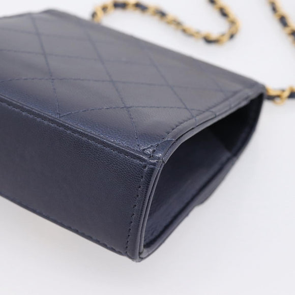 CHANEL Mini Matelasse Chain Pearl Bag Goatskin Navy Gold CC Auth 197060SAM