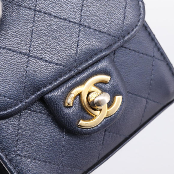 CHANEL Mini Matelasse Chain Pearl Bag Goatskin Navy Gold CC Auth 197060SAM