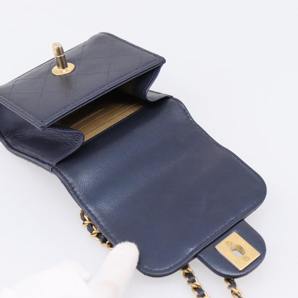 CHANEL Mini Matelasse Chain Pearl Bag Goatskin Navy Gold CC Auth 197060SAM
