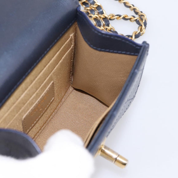 CHANEL Mini Matelasse Chain Pearl Bag Goatskin Navy Gold CC Auth 197060SAM