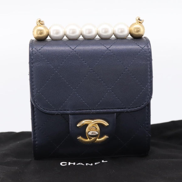 CHANEL Mini Matelasse Chain Pearl Bag Goatskin Navy Gold CC Auth 197060SAM