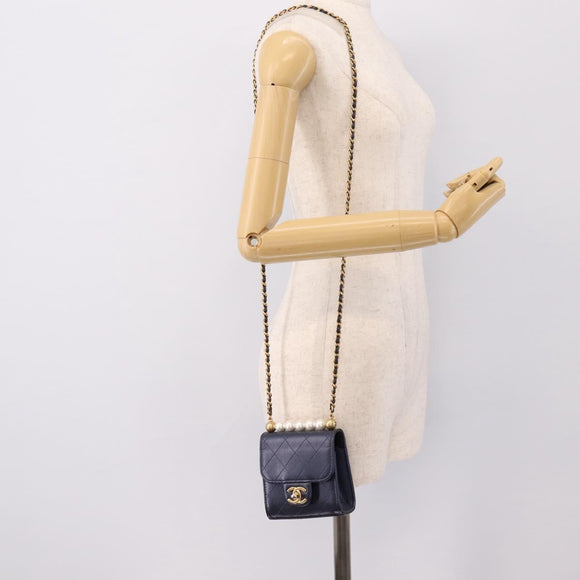 CHANEL Mini Matelasse Chain Pearl Bag Goatskin Navy Gold CC Auth 197060SAM