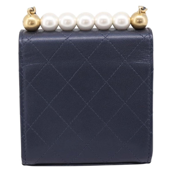 CHANEL Mini Matelasse Chain Pearl Bag Goatskin Navy Gold CC Auth 197060SAM