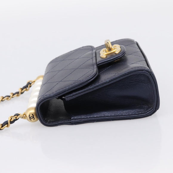 CHANEL Mini Matelasse Chain Pearl Bag Goatskin Navy Gold CC Auth 197060SAM