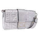FENDI Zucca Canvas Mamma Baguette Shoulder Bag Leather Silver Auth 197105SAM-1