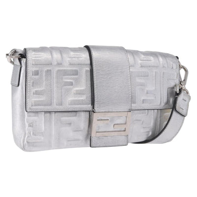 FENDI Zucca Canvas Mamma Baguette Shoulder Bag Leather Silver Auth 197105SAM