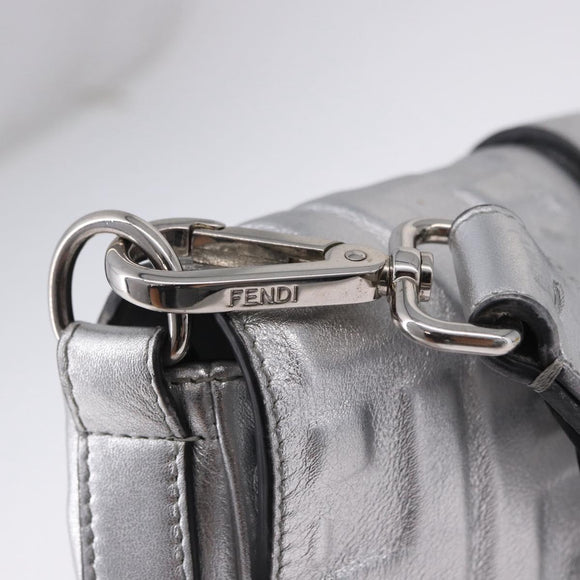 FENDI Zucca Canvas Mamma Baguette Shoulder Bag Leather Silver Auth 197105SAM