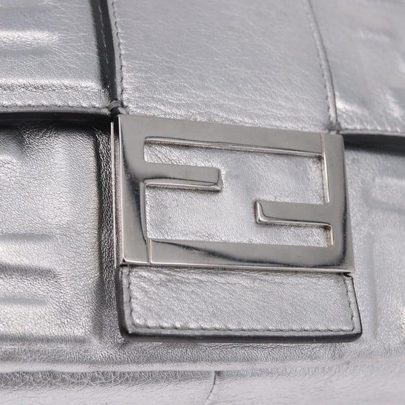 FENDI Zucca Canvas Mamma Baguette Shoulder Bag Leather Silver Auth 197105SAM