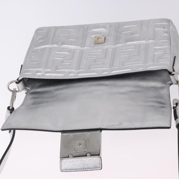 FENDI Zucca Canvas Mamma Baguette Shoulder Bag Leather Silver Auth 197105SAM