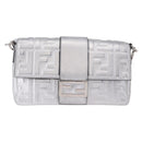 FENDI Zucca Canvas Mamma Baguette Shoulder Bag Leather Silver Auth 197105SAM-13