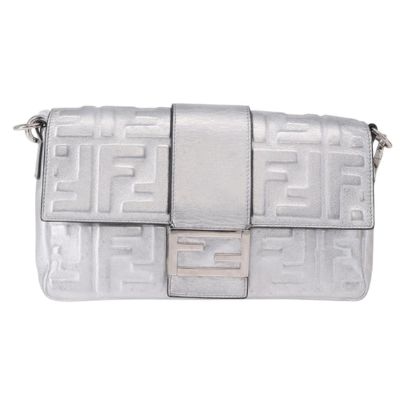 FENDI Zucca Canvas Mamma Baguette Shoulder Bag Leather Silver Auth 197105SAM