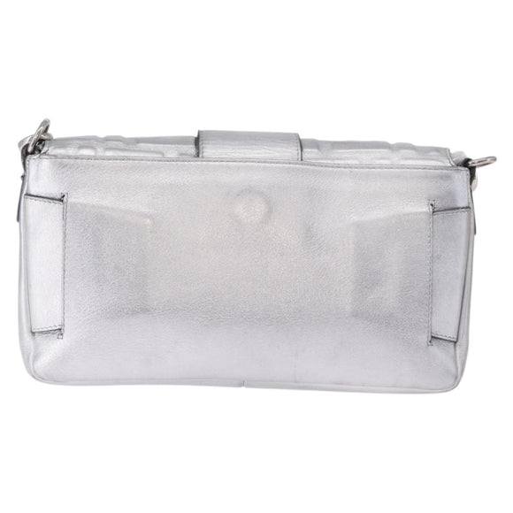 FENDI Zucca Canvas Mamma Baguette Shoulder Bag Leather Silver Auth 197105SAM