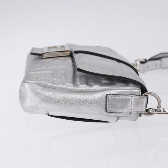 FENDI Zucca Canvas Mamma Baguette Shoulder Bag Leather Silver Auth 197105SAM
