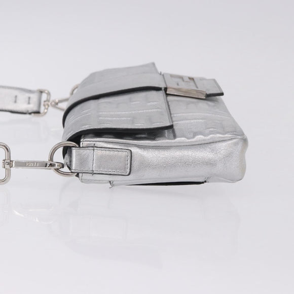 FENDI Zucca Canvas Mamma Baguette Shoulder Bag Leather Silver Auth 197105SAM