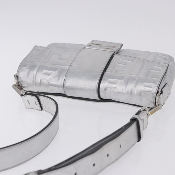 FENDI Zucca Canvas Mamma Baguette Shoulder Bag Leather Silver Auth 197105SAM
