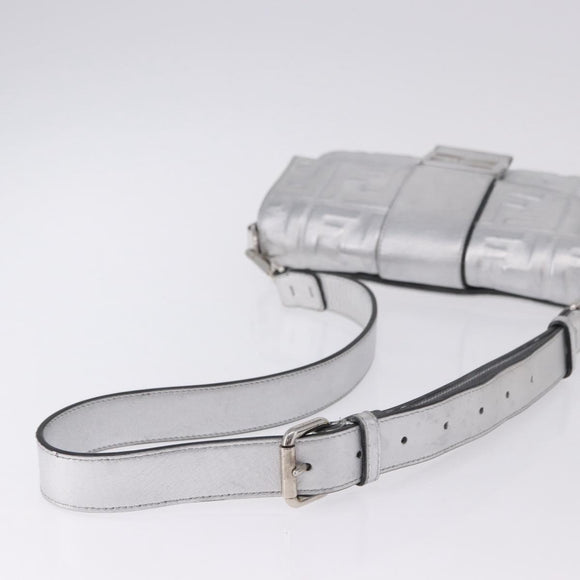FENDI Zucca Canvas Mamma Baguette Shoulder Bag Leather Silver Auth 197105SAM