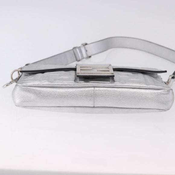 FENDI Zucca Canvas Mamma Baguette Shoulder Bag Leather Silver Auth 197105SAM