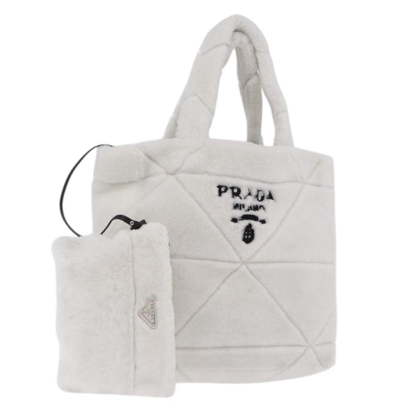 PRADA Tote Bag Fur White Silver Auth 197109SAM