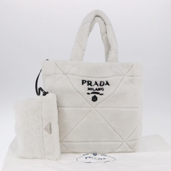 PRADA Tote Bag Fur White Silver Auth 197109SAM
