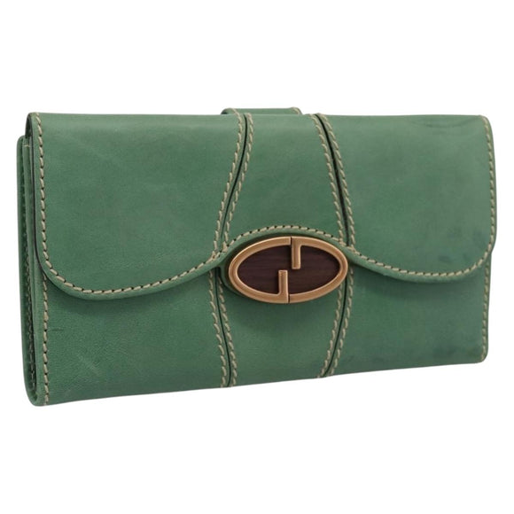 GUCCI Long Wallet Leather Green Gold Auth 197116A
