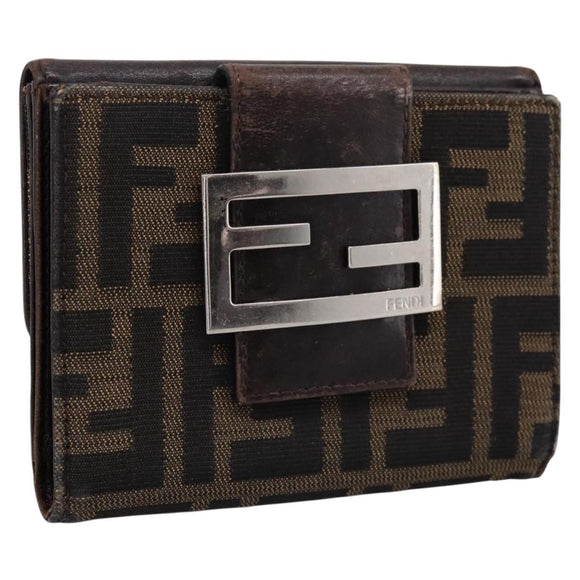 FENDI Zucca Canvas Bifold Wallet Black Brown Auth 197121