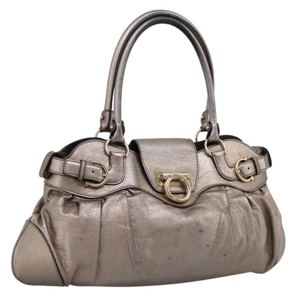 Salvatore Ferragamo Gancini Hand Bag Leather Gold Auth 197125
