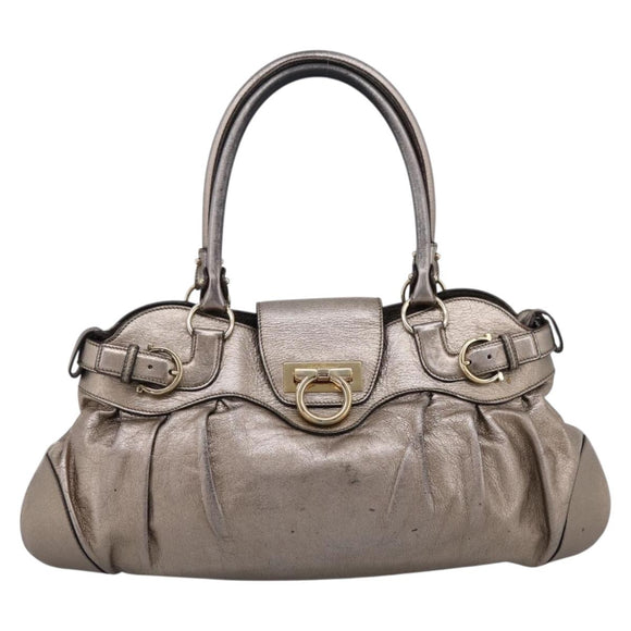 Salvatore Ferragamo Gancini Hand Bag Leather Gold Auth 197125
