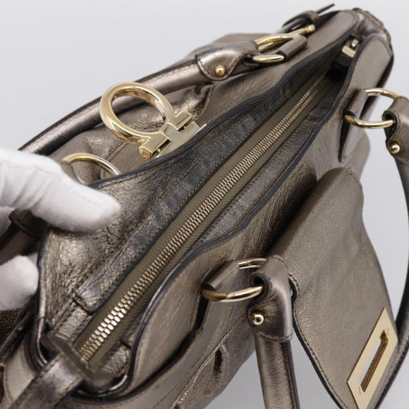 Salvatore Ferragamo Gancini Hand Bag Leather Gold Auth 197125