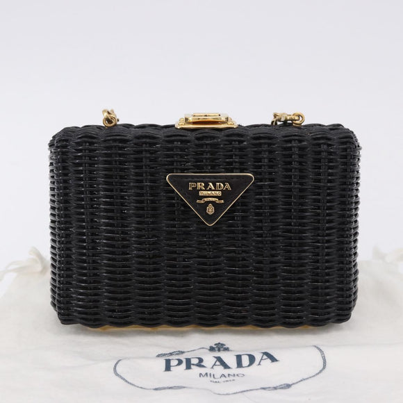 PRADA Chain Shoulder Bag Rattan Black Gold Auth 197136M