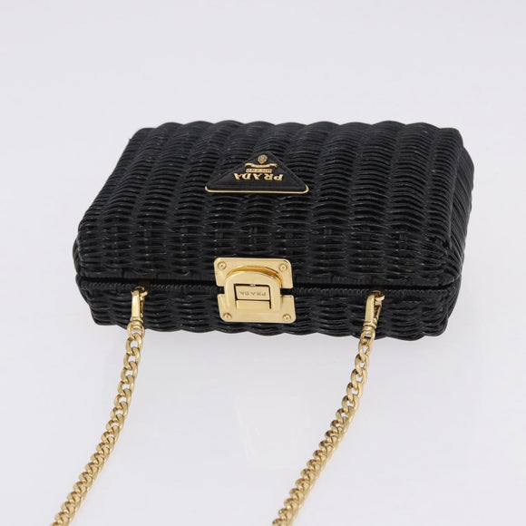 PRADA Chain Shoulder Bag Rattan Black Gold Auth 197136M
