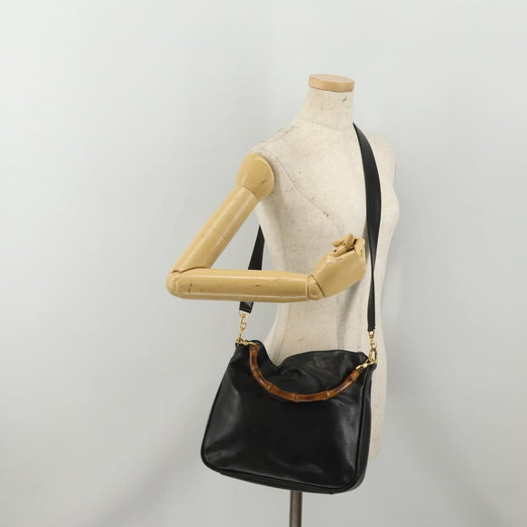 GUCCI Bamboo Hand Bag Leather 2way Black Gold 001 1638 2615 Auth 197140