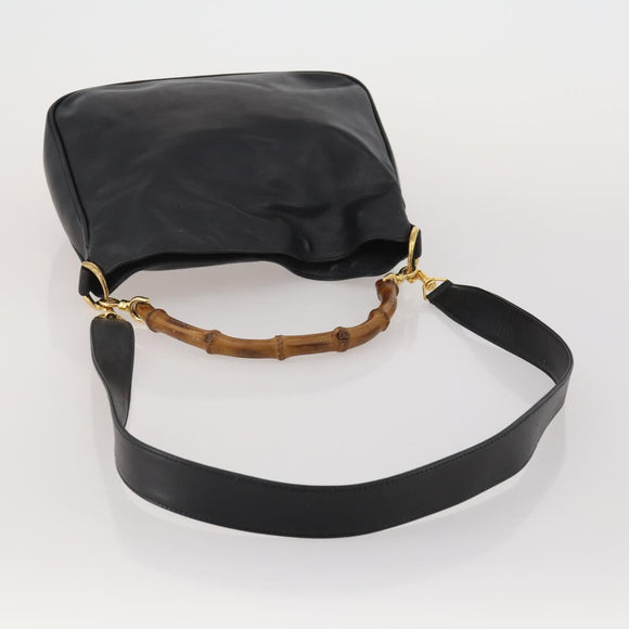 GUCCI Bamboo Hand Bag Leather 2way Black Gold 001 1638 2615 Auth 197140