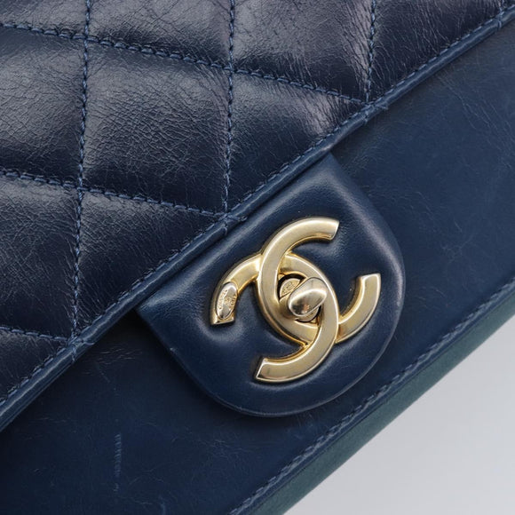 CHANEL Matelasse Chain Shoulder Bag Leather 2way Navy Gold CC Auth 197156V