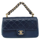 CHANEL Matelasse Chain Shoulder Bag Leather 2way Navy Gold CC Auth 197156V-13
