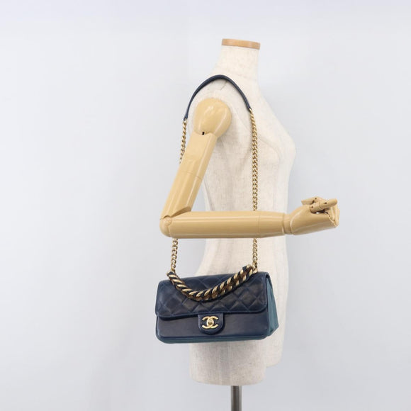 CHANEL Matelasse Chain Shoulder Bag Leather 2way Navy Gold CC Auth 197156V