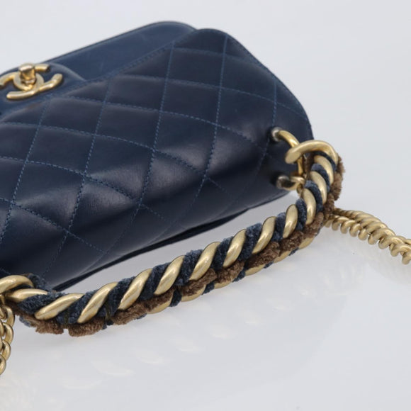 CHANEL Matelasse Chain Shoulder Bag Leather 2way Navy Gold CC Auth 197156V